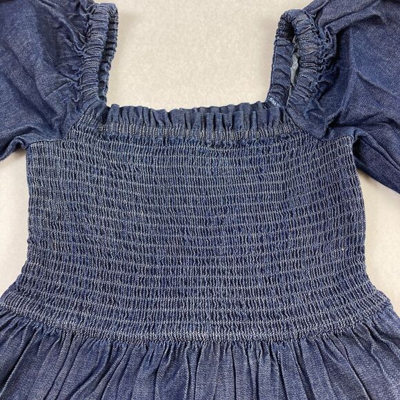 J.Crew Chambray Denim Smocked Puff-Sleeve Dress Women's XXS Blue Midi Casual NWT - Picture 4 of 13